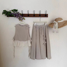 日系森女系 2025秋装新品复古纯色亚麻绑带马甲+半身裙休闲套装女