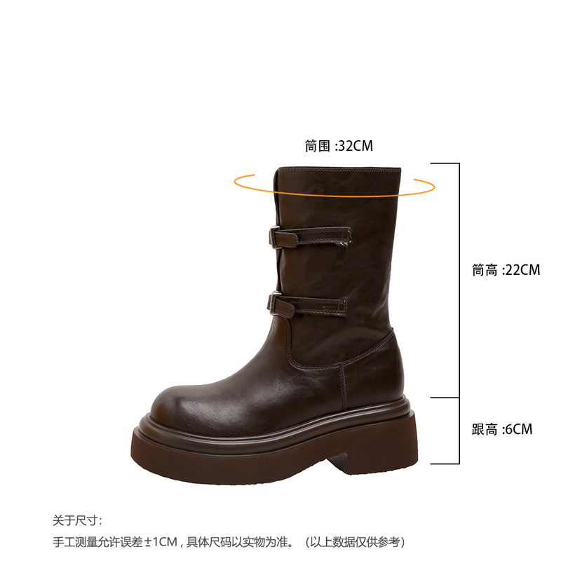 苏茵茵同款2025年时尚皮带扣骑士靴女圆头厚底百搭长靴中筒马丁靴|undefined