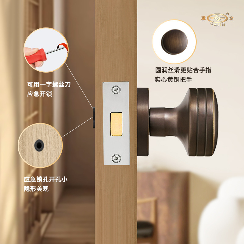 真鍮の片面の見えないドアのロックは古風で贅沢な中実銅のドアの取っ手の暗いドアの背景の壁の室内の静かな部屋のドアのロックに似ています。|undefined
