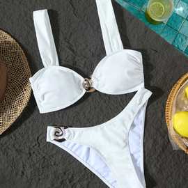 欧美跨境新款bikini性感纯色露背金属扣比基尼高级感泳装分体泳衣