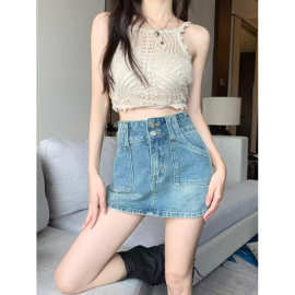 复古蓝牛仔短裙女夏季高腰大码胖mm遮肚子显瘦梨形身材a字半身裙