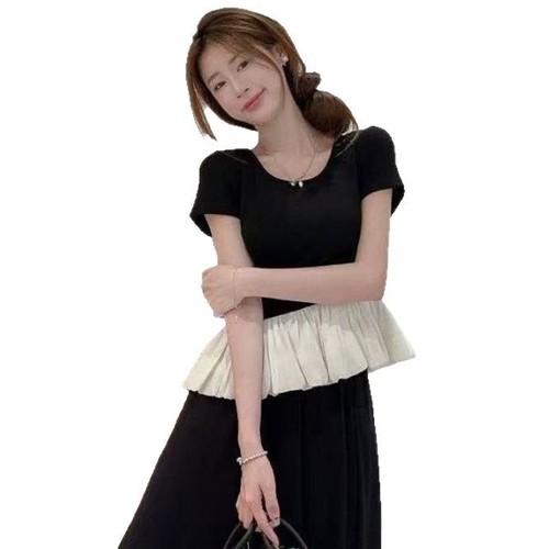 Women's Summer French Stylish Short Sleeve T-Shirt with Black Plaid Design, Fashionable and Versatile, Short-Sleeve Top for Women