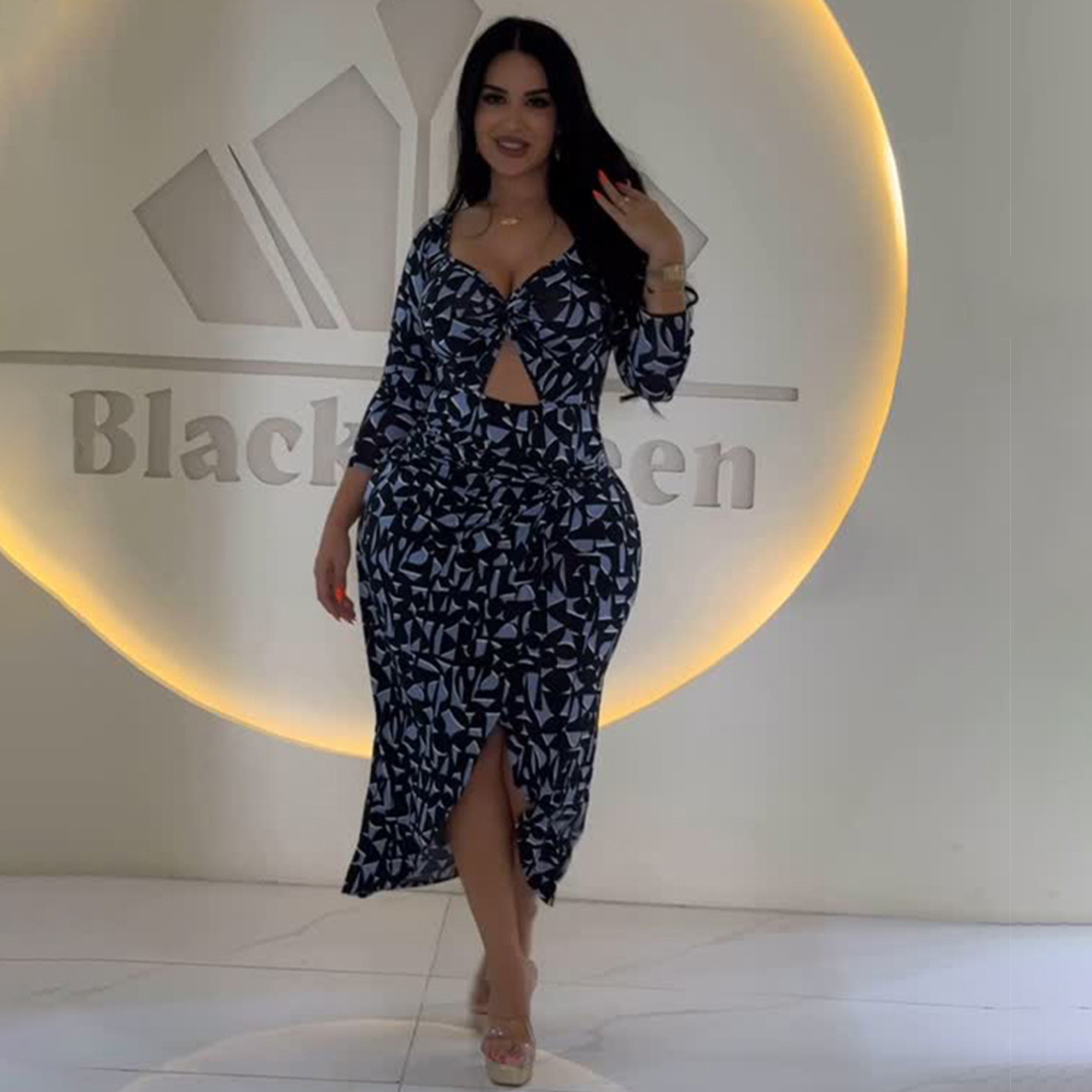 欧美跨境女装2025秋季新款御姐风黑蓝几何镂空开叉收腰修身连衣裙