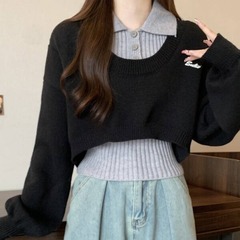 大きいサイズのアメリカの復古Polo襟の短いプルオーバーのセーターの女性の秋冬の太っているmmの偽の2つのニットの上着