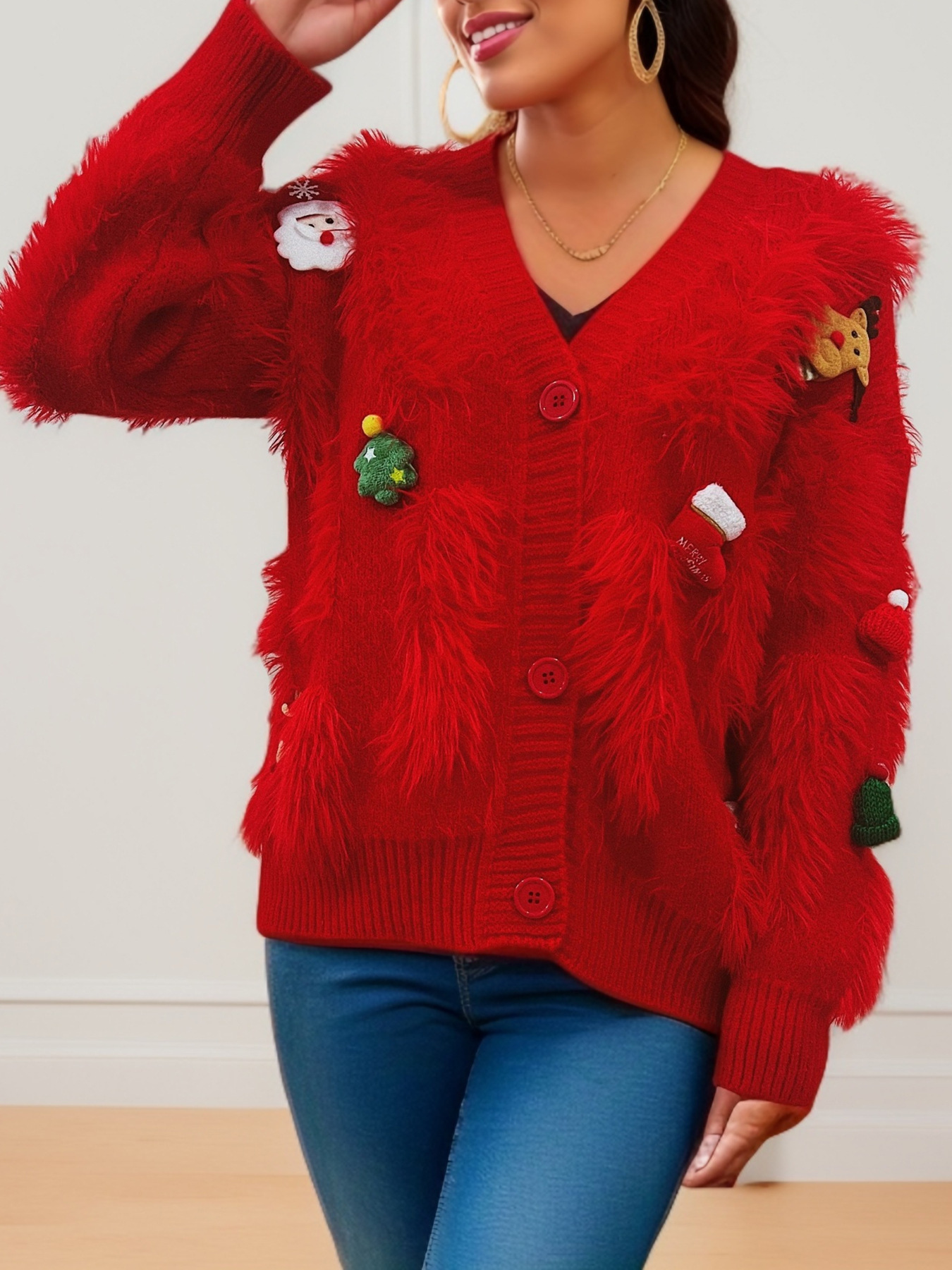 Abbigliamento da donna Maglione rosso di Natale per Capodanno in velluto di visone Decorazione natalizia tridimensionale Giacca cardigan monopetto per donna_voghion.com