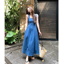 2025蓝雾之恋法式牛仔连衣裙女夏小众设计感收腰气质吊带长裙