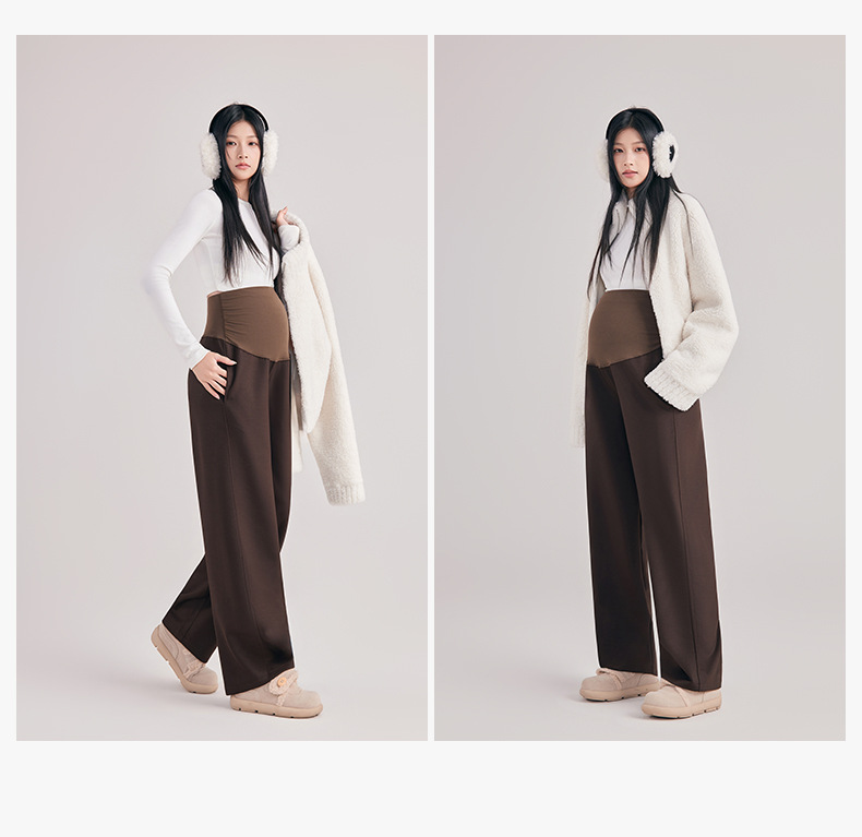 Umstandshosen für Herbst und Winter, hoch geschnitten, mit weitem Bein, gerade geschnitten, dick und warm, für schwangere Frauen, Freizeit-Hosen. – Detail 10