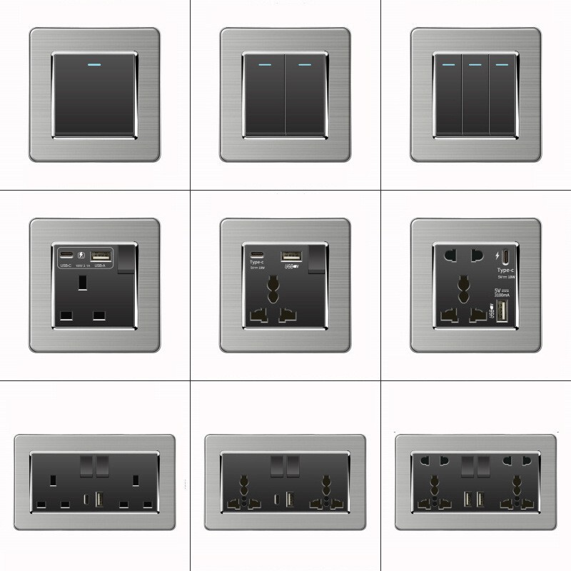 Hong Kong and Macao version 13A British socket with USB fast charge type-c British standard square foot black stainless steel wire panel Hong Kong and Macao version 13A British socket with USB fast charge type-c British standard square foot black stainless steel wire panel