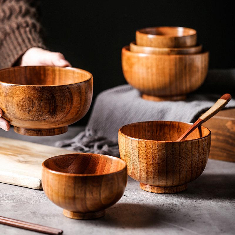 Tazón de madera Sour Jujube de estilo japonés tazón de arroz de madera hecho a mano tazón de madera maciza para niños grande tazón de sopa de fideos vajilla para el hogar