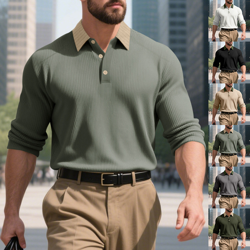 25 Amazon American Autum Lapel Shirt Men's French Thread Casual Golf Heavy Contrast Color Long-Sleeved Polo Shirt