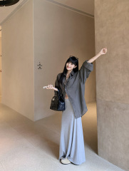 韓国風カジュアルレイジースーツ女性のための夏の2025新しい白トップストライプショールワイドレッグパンツ2点セット