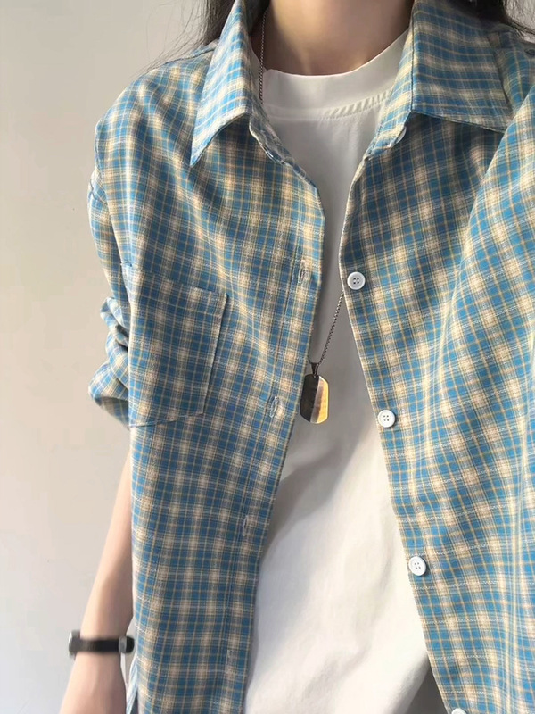 Autumn High-End Peacock Blue Plaid Shirt for Men and Women, Lazy Style Pattern Shirt, American Casual Couple Jacket