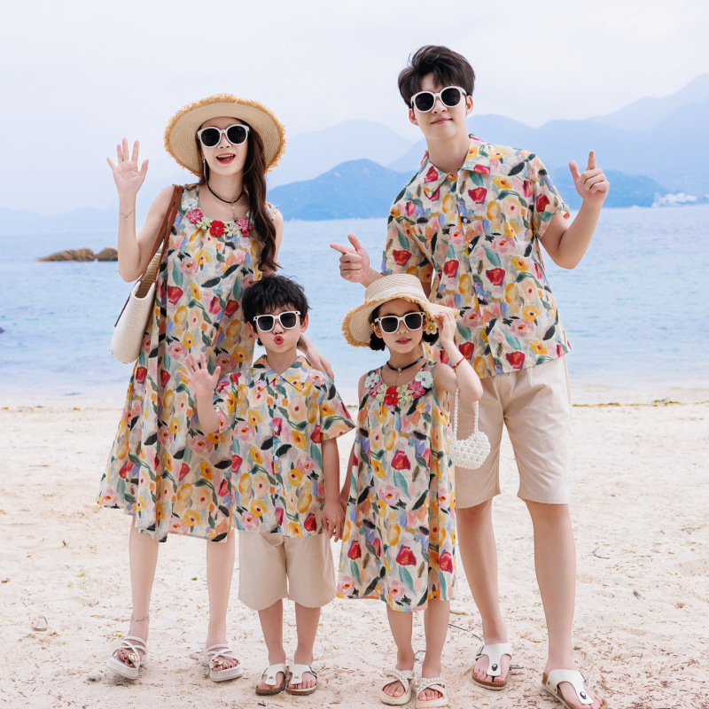 2026 New Summer Two-Piece Shirt Dress Set, Family Matching Outfits, Beach Style, Casual Set for a Family of Four 2026 New Summer Two-Piece Shirt Dress Set, Family Matching Outfits, Beach Style, Casual Set for a Family of Four