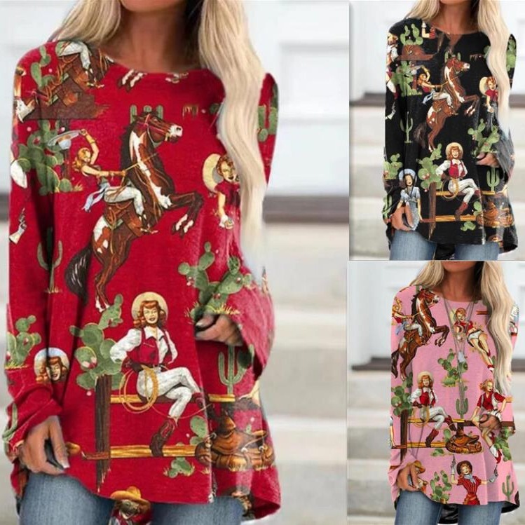 European and American Aliexpress Amazon 3D Printed Western Style Long-Sleeved Round-Neck T-Shirt Dress for Women, One-Piece Custom-Made