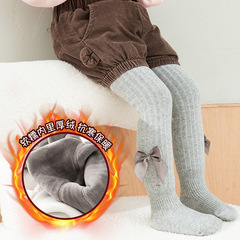 兒童襪子秋冬寶寶打底褲加絨加厚豎條紋大PP襠大蝴蝶結女童連褲襪