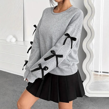 欧美跨境外贸秋冬新品女装圆领蝴蝶结装饰袖休闲甜美长袖女式卫衣