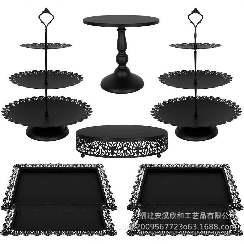 Mesa de postres, adornos, bandejas altas, bandejas para pasteles negros, bandejas para frutas, bandejas para aperitivos, soportes para pasteles de hierro forjado, accesorios de boda