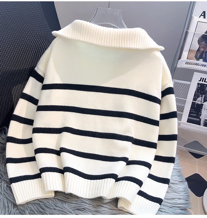 Women's Clothing Women's sweater women autumn and winter thick inner wear 2024 new zipper striped bottoming shirt short pullover outer wear top_voghion.com