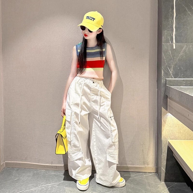 Girls' Summer Dopamine Style Outfit 2026 Colorful Sweater and Cargo Pants Two-Piece Set Huzhou Zhili Children's Clothing Girls' Summer Dopamine Style Outfit 2026 Colorful Sweater and Cargo Pants Two-Piece Set Huzhou Zhili Children's Clothing