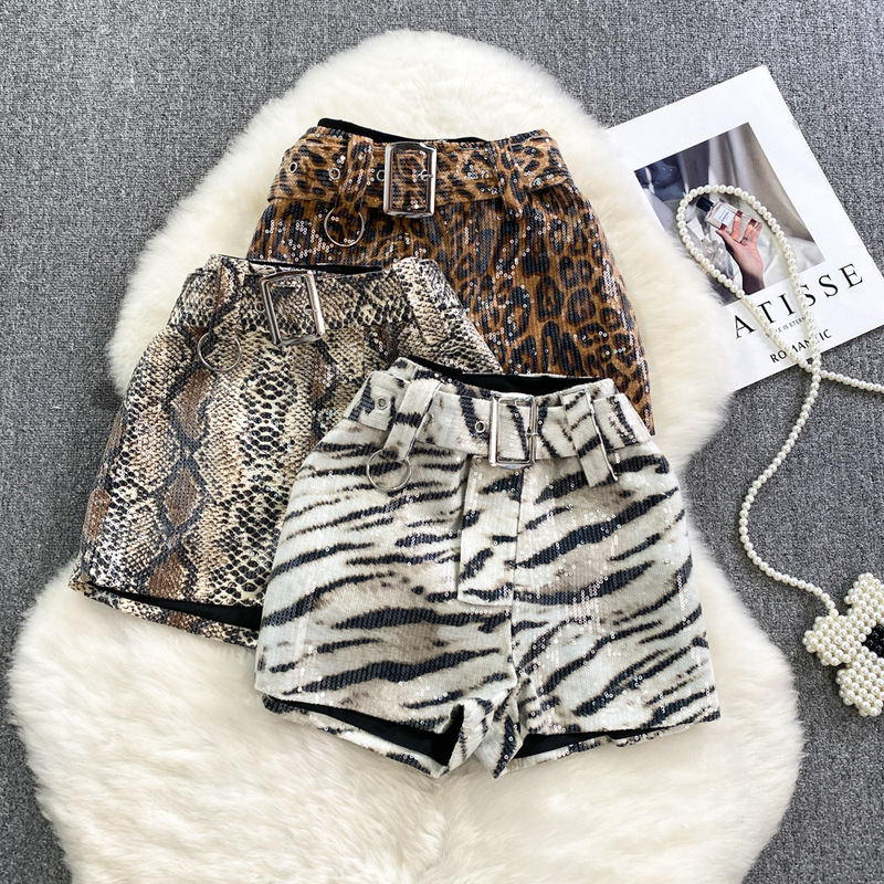 Carefully Selected 2025 Autumn and Winter Korean Style Fashionable High-Waist Slimming Look Sequined Sexy Leopard Print Wide-Leg Shorts Women's Casual Boots