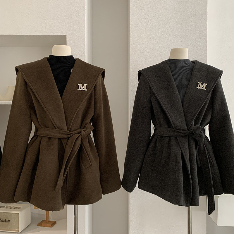 Omalai Navy Collar Thickeneded Woolen Outwear Waist Tie Mid-Length Long-Sleeved Loose Outwear Top 5564