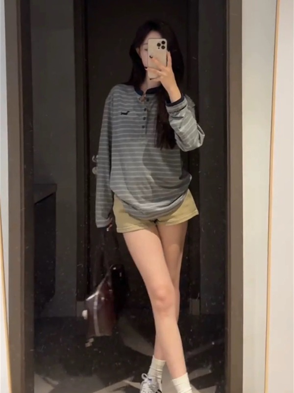 早秋新款灰色条纹情侣POLO衫2025春秋宽松中长款潮牌女款翻领长袖|undefined