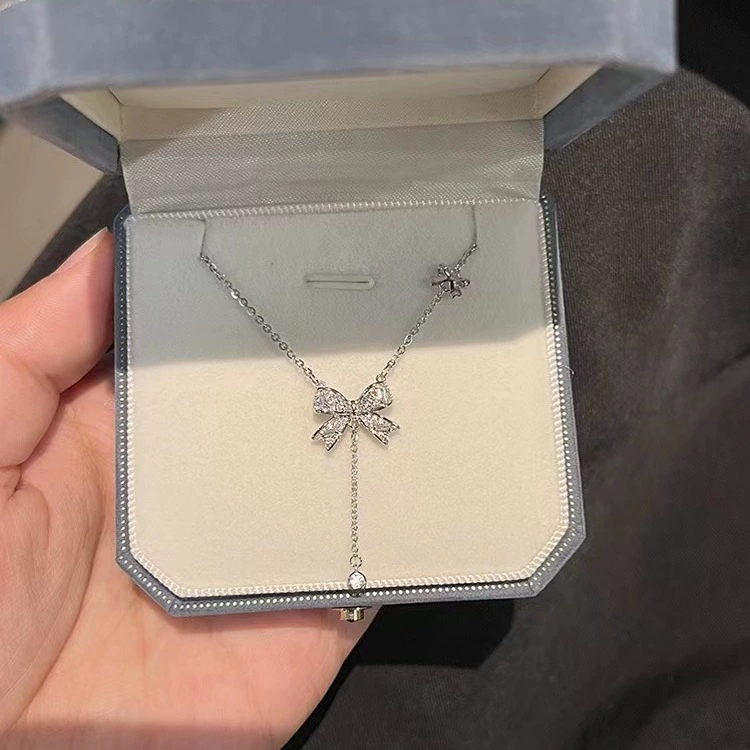 Серебряное колье S925, женское Модное в национальном стиле, кулон в виде банта с полным бриллиантом и кисточкой, элегантная Высококачественная цепочка на ключицу для подруги