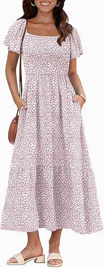2025 Amazon 新しい女性のロングドレススクエアネックフローティングスリーブプリーツドレスポケット付き|undefined
