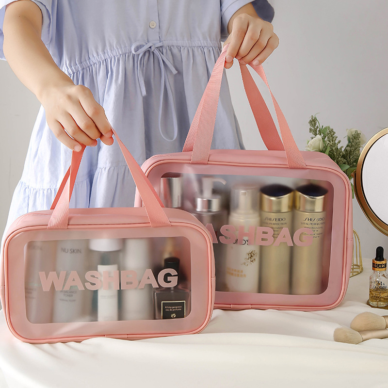 ピンクの洗面用具・化粧品バッグ、旅行用洗面用具バッグ、つや消し加工の携帯用大容量収納バッグ、PVC製4点セット卸売|undefined
