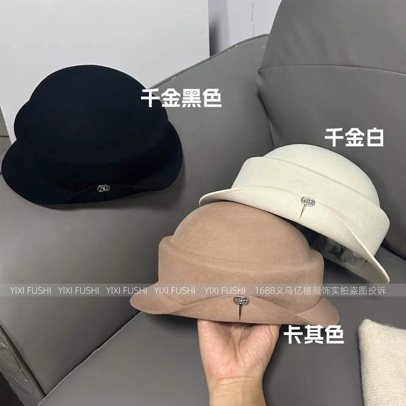 赫本风100%绵羊毛千金帽合集~蝴蝶结卷边礼帽女秋冬方圆脸盆帽冬|undefined