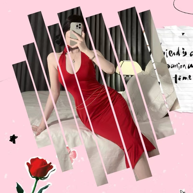 Bridal Cheongsam-Inspired Lingerie Dress with Deep-V Halter Neck and Red Waist Chain — detail image 4