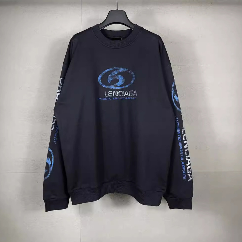 High Version of Autumn and Winter Paris B Family Fuzzy Surf Series Logo Printed Worn and Distressed Loose Round Neck Sweatshirt