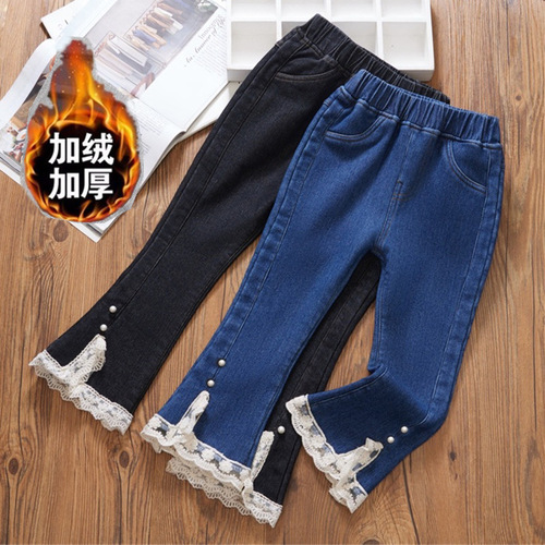  new winter girls' jeans plus velvet and thickened medium and large children's clothing girls' bell bottoms warm children's cotton pants