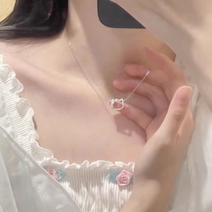 Flash Diamond hellokitty Hello Kitty necklace cute girly KT cat pearl pendant clavicle chain
