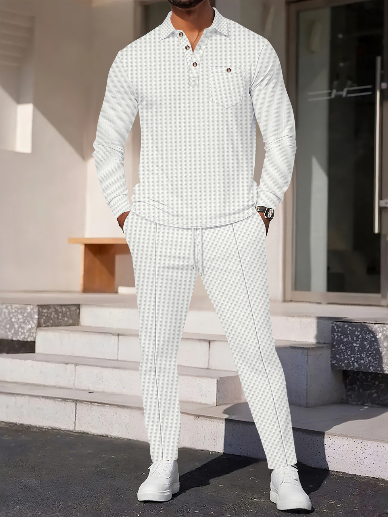 Men's Waffle Knit Shirt And Trousers Suit Casual Long Sleeve Set_voghion.com