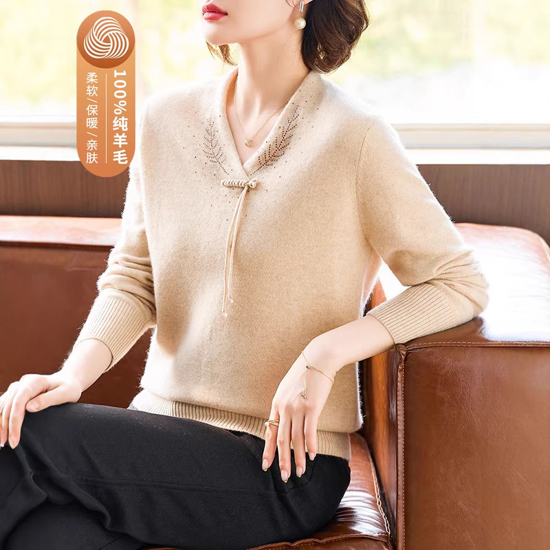 100% Pure Wool Sweater for Mothers, Winter Fashion Knitted Base Sweater for Middle-Aged and Elderly Women, Thickened Inner Cashmere Sweater