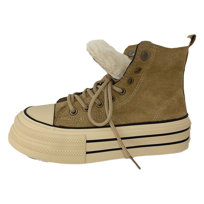 Autumn and Winter student Korean style versatile fleece-lined canvas shoes women's 2023 new high-top Harajuku thick-soled warm cotton shoes