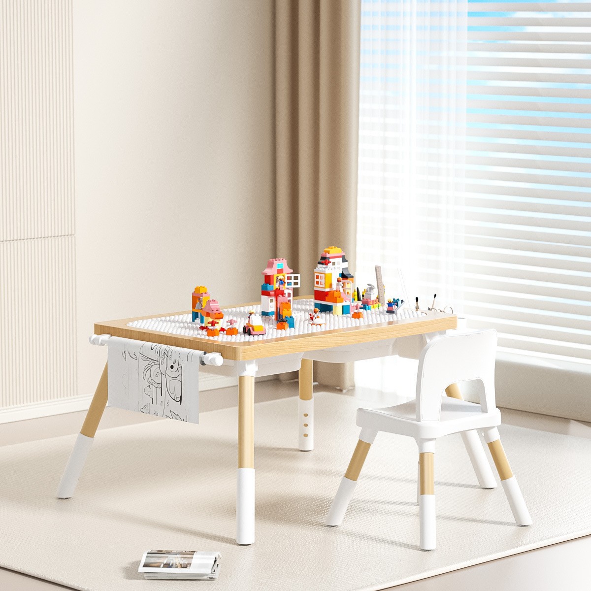Solid Wood Children's Multifunctional Building Block Table, Adjustable Height Learning and Play Table, Kindergarten Home Use Table with Storage and Drawing Board