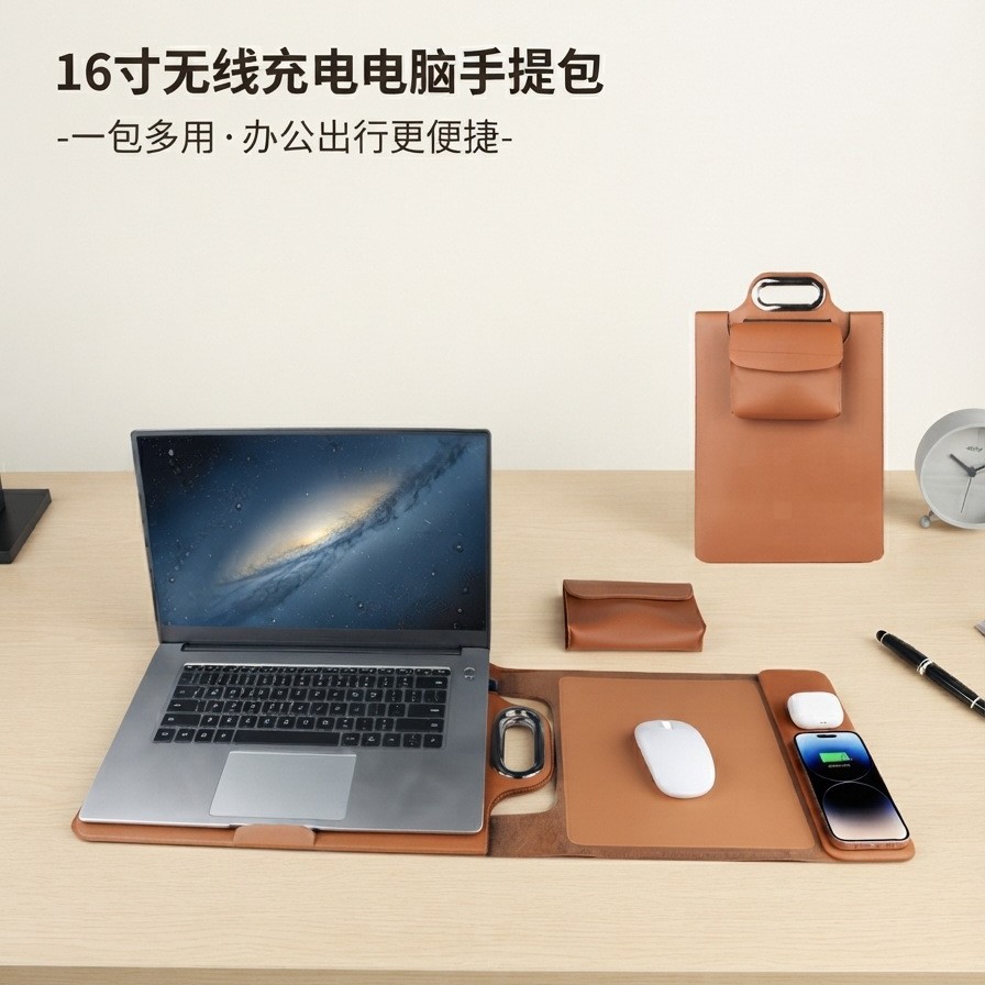 Portable wireless charging laptop bag, business-style laptop case, multi-functional stand, mouse pad, and phone/earphone holder