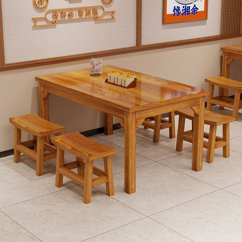 Solid Wood Dining Table for Restaurants and Dining Establishments, Rectangular Carbonized Table for Barbecue and Hot Pot Restaurants, Commercial Dining Table and Chair Set
