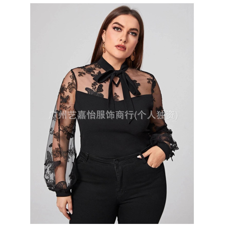 亚马逊跨境大码衬衫女2025春秋欧美新款蝴蝶网纱拼接宽松通勤风