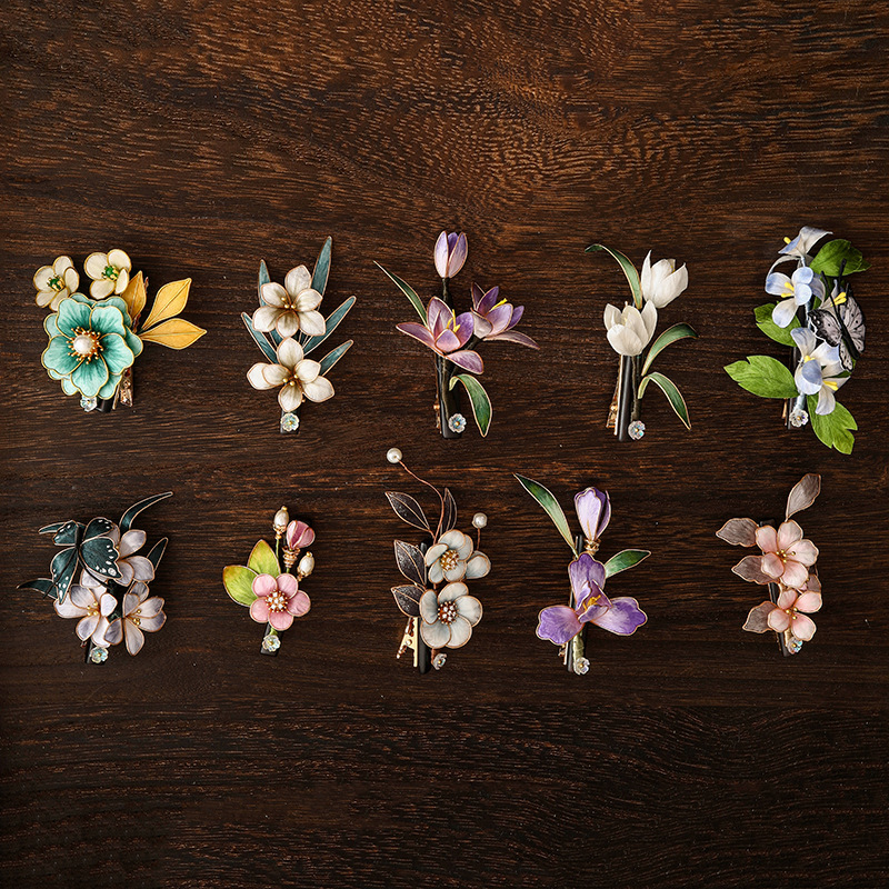 现货批发新中式国风蚕丝绒花边夹女侧边发卡古风刘海发夹绒花发饰