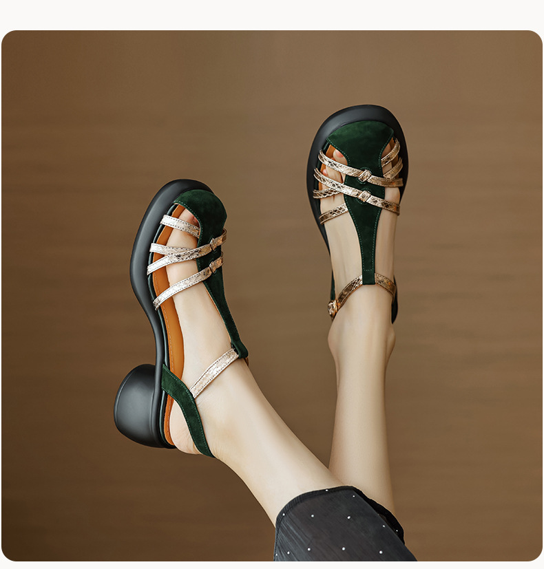Sandal nữ da lộn quai mảnh dệt, mũi kín khóa chữ T, gót cao đế dày — Màu đen chi tiết 7