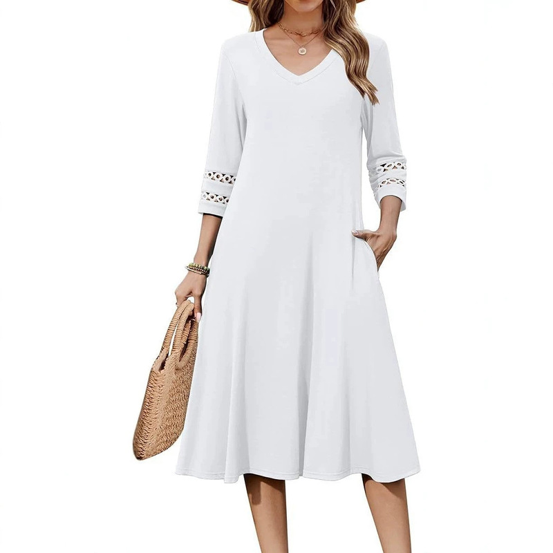 2026 Women's Summer Casual Dress with Three-Quarter Sleeves, V-Neck, A-Line, Flowing Eyelet Mid-Length Tank Dress