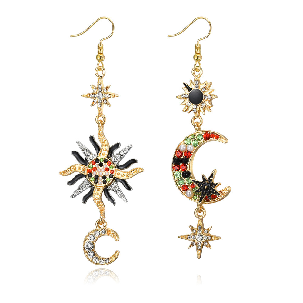 1 Pair Simple Style Star Moon Plating Inlay Alloy Artificial Gemstones Drop Earrings display picture 2