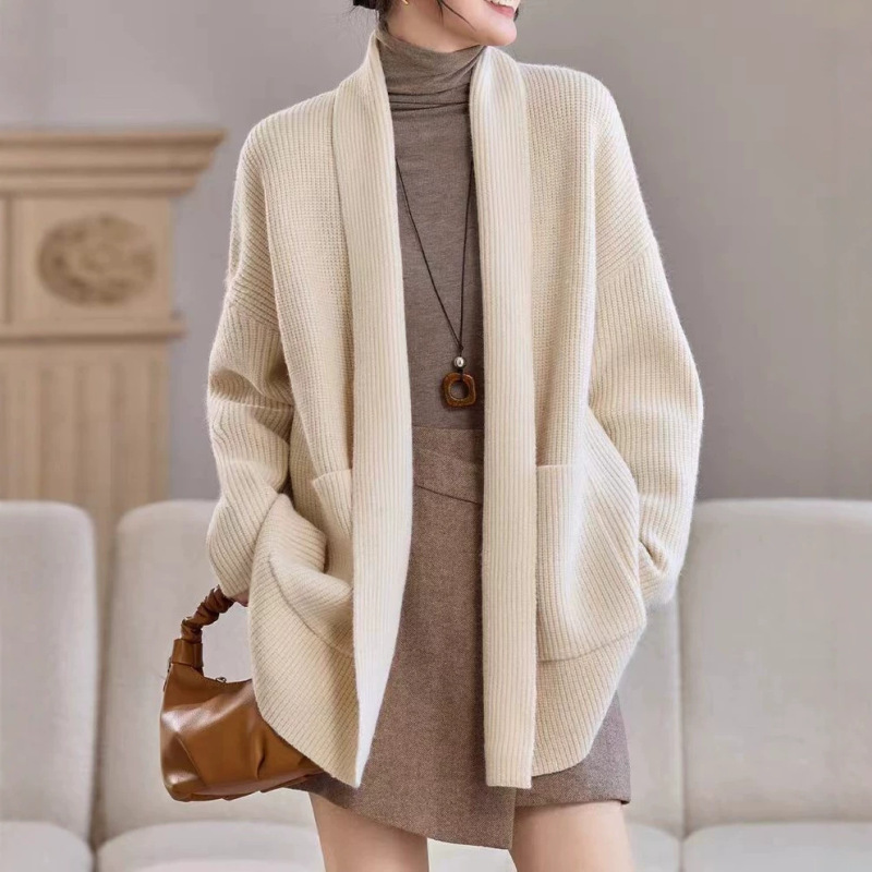 Korean-Style Mid-Length Knitted Cardigan for Women, Thickened, 2025 Autumn and Winter New Loose Sweater Coat Top