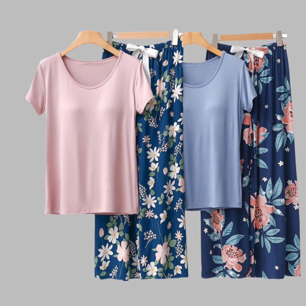 Amazon Cross-border Spring and Summer Modal Chest Pad Pajamas Flower Cotton Silk Pants Bra Home Wear Free suit
