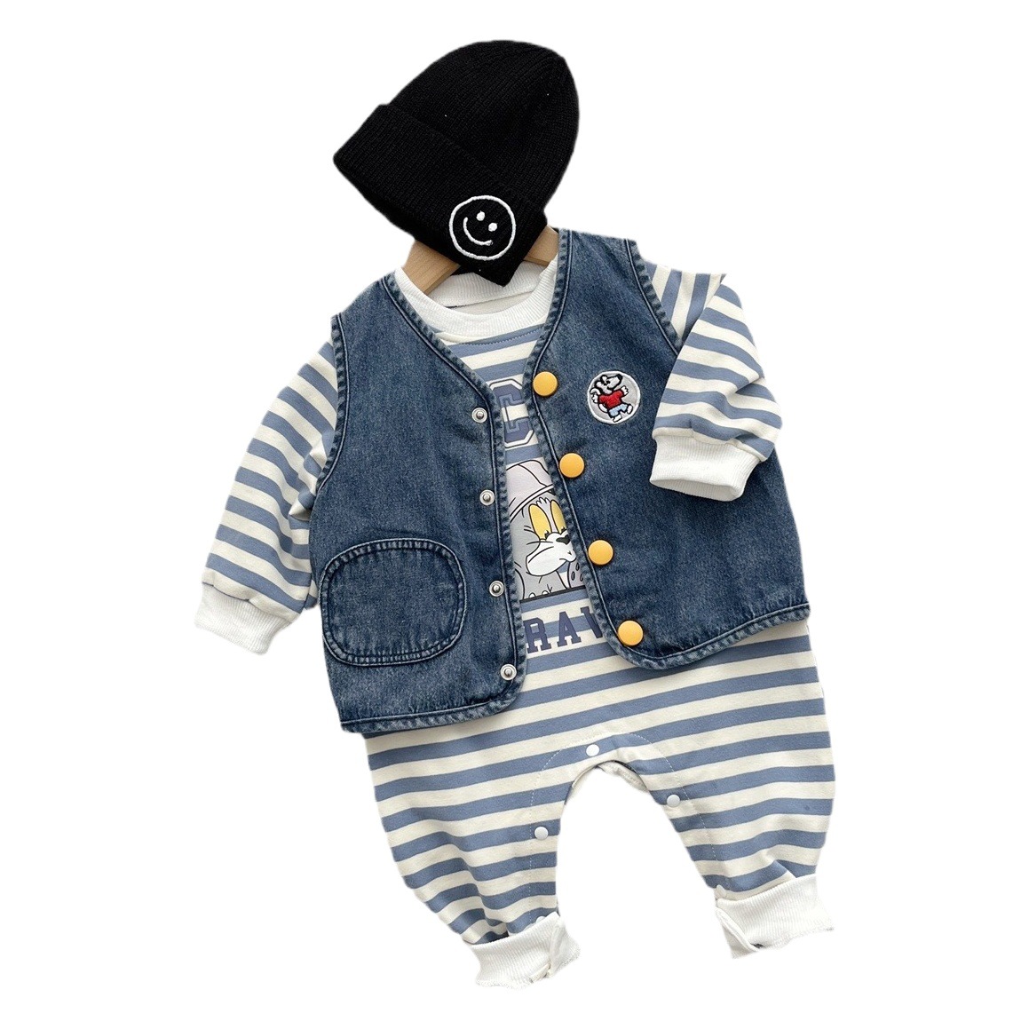 24 primavera nueva ropa de bebé azul tejido algodón suave bebé mono ropa mojada