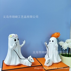 跨境万圣节装饰万圣节树脂小幽灵遛狗摆件万圣节幽灵雕像摆件