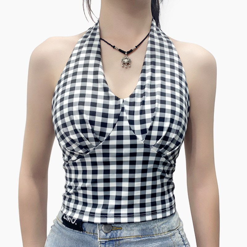 Plaid Halterneck V Neck Sexy with Breast Pads Shock-Proof Outer Wear Beautiful Back Large Backless Pilates Training Yoga Vest for Women